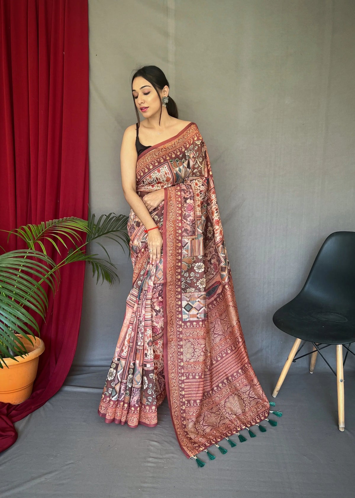 Brown Saree in Carpet Silk with Cotton Print - Colorful Saree