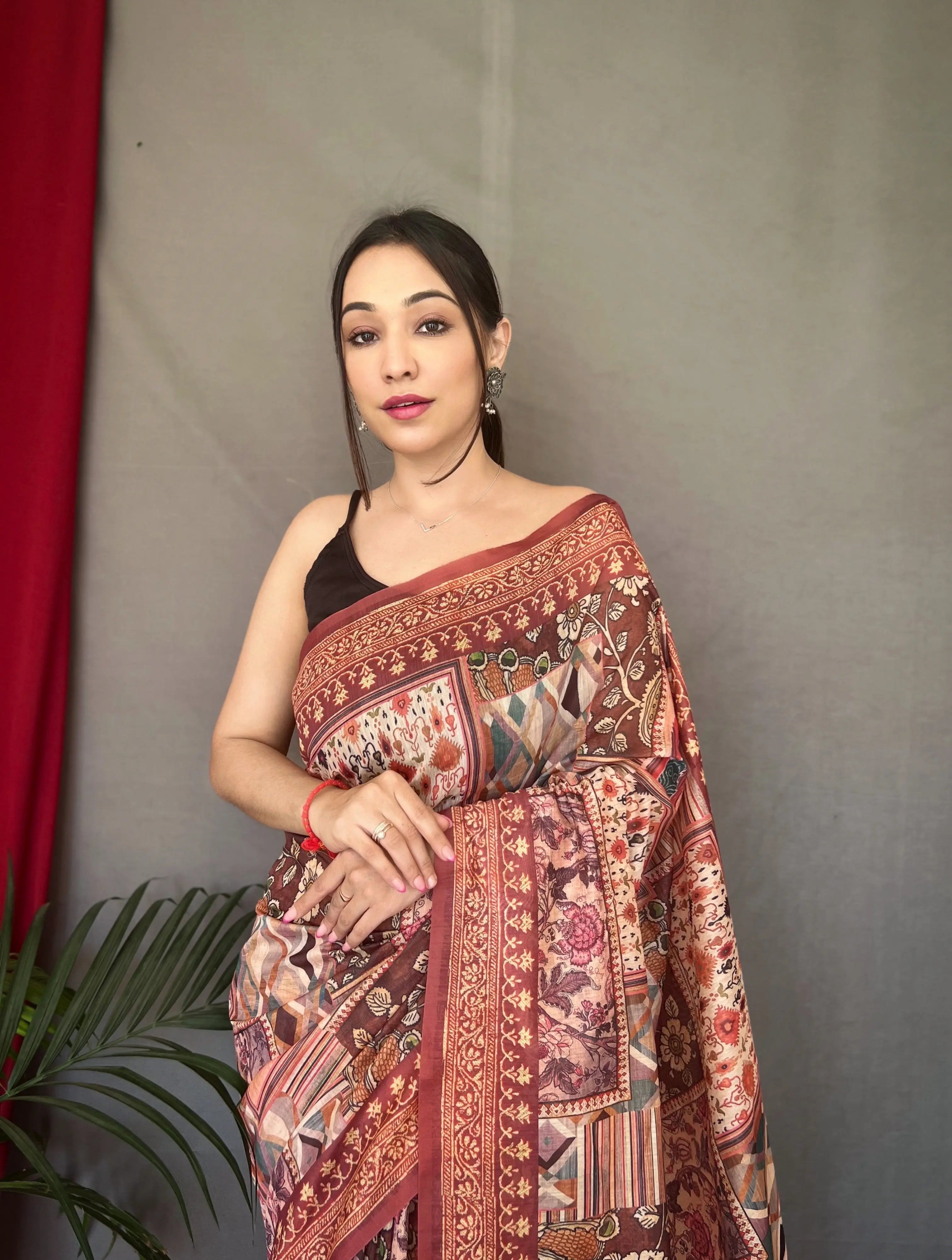 Brown Saree in Carpet Silk with Cotton Print - Colorful Saree