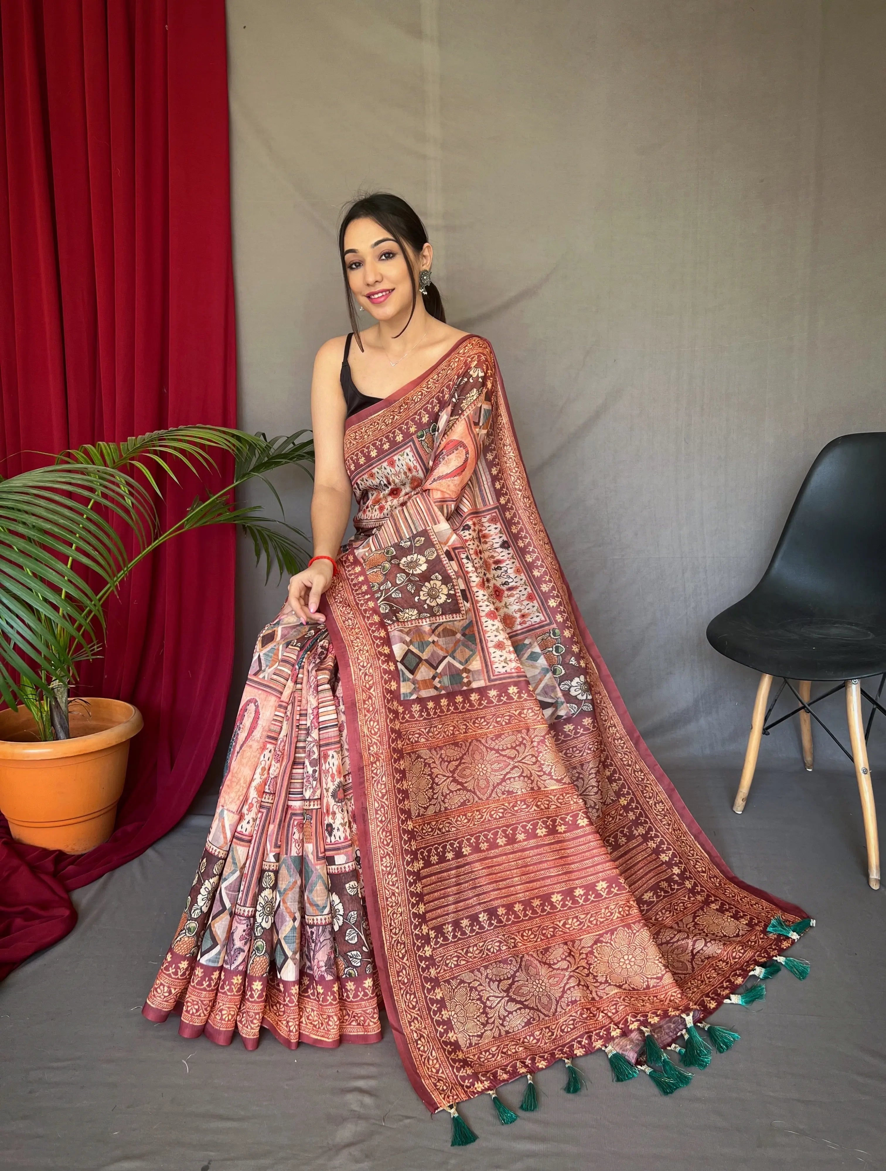 Brown Saree in Carpet Silk with Cotton Print - Colorful Saree