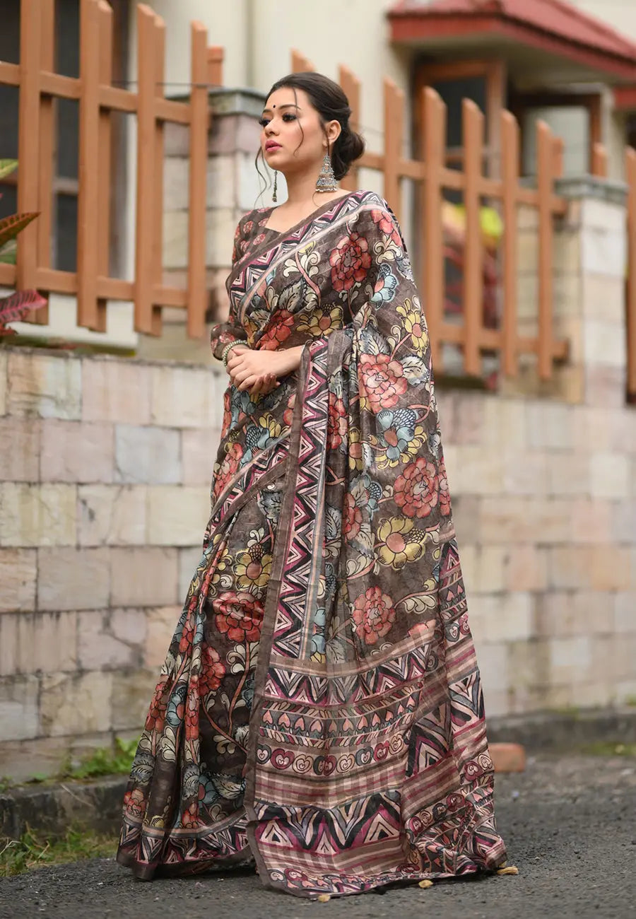 Brown Saree in linen Cotton with Kalamkari Print - Colorful Saree