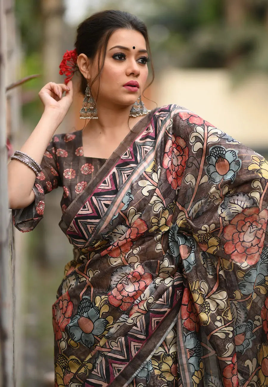 Brown Saree in linen Cotton with Kalamkari Print - Colorful Saree