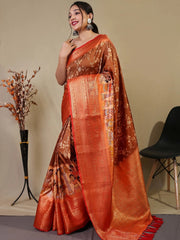 Brown saree in Floral Kalamkari Print - Colorful Saree