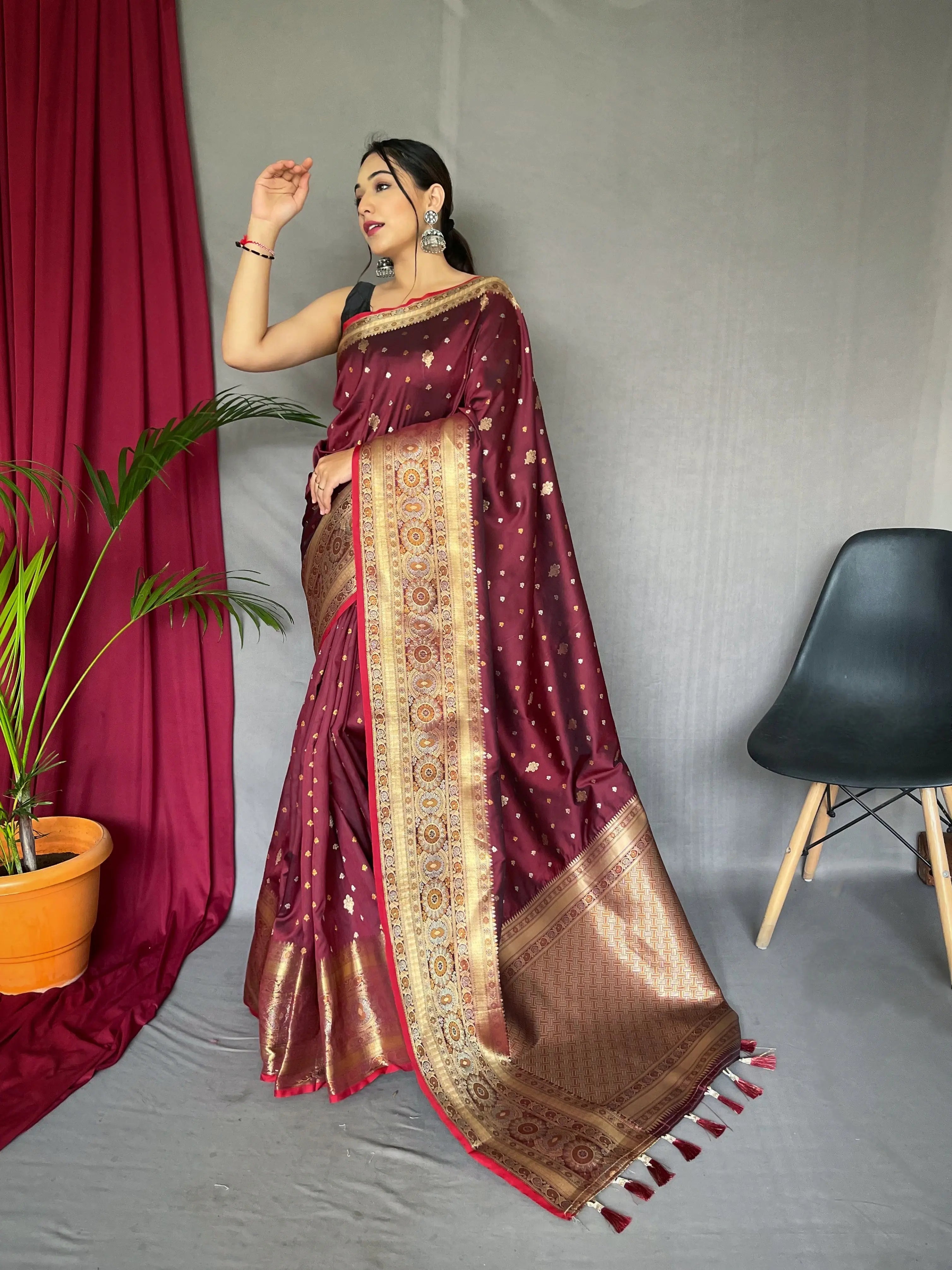 Brownish Maroon Saree in Soft Silk Woven and Multi Color Zari - Colorful Saree