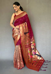 Burgundy Paithani Big Border Zari Woven Saree - Colorful Saree