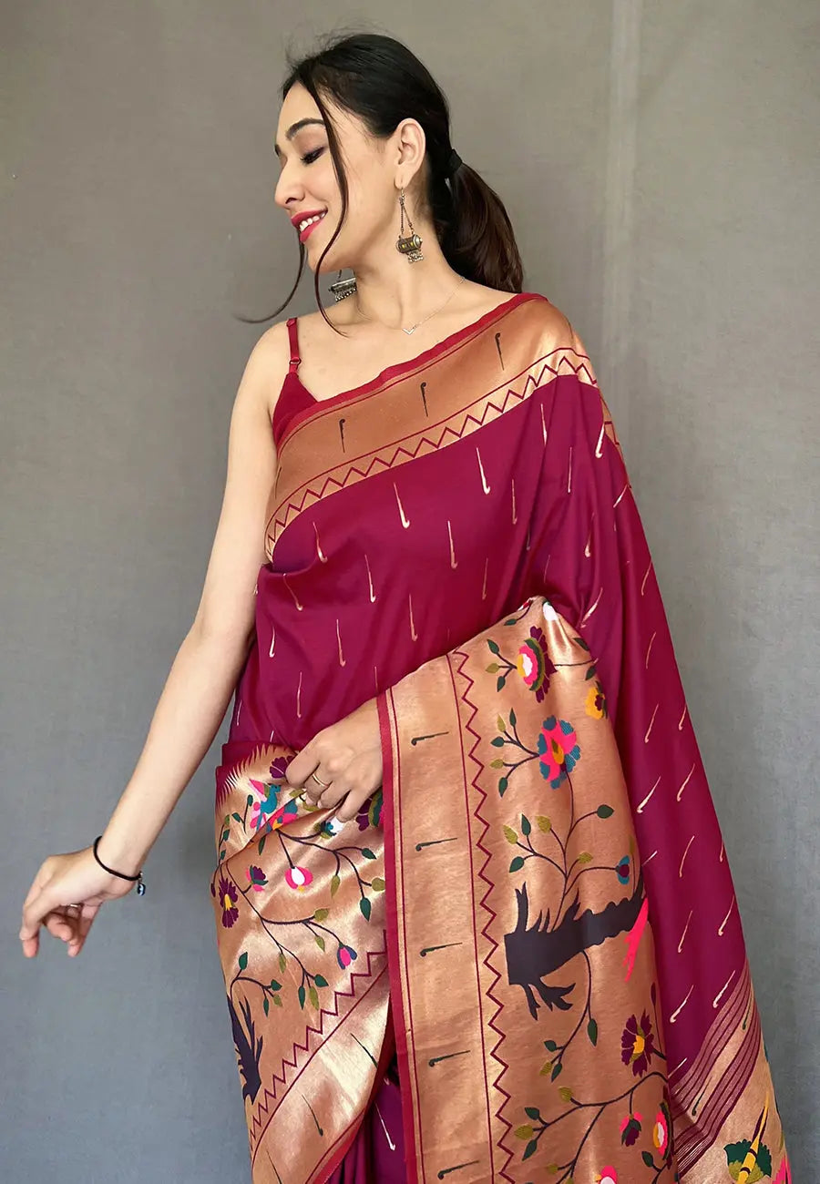 Burgundy Paithani Big Border Zari Woven Saree - Colorful Saree