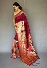 Burgundy Paithani Big Border Zari Woven Saree - Colorful Saree