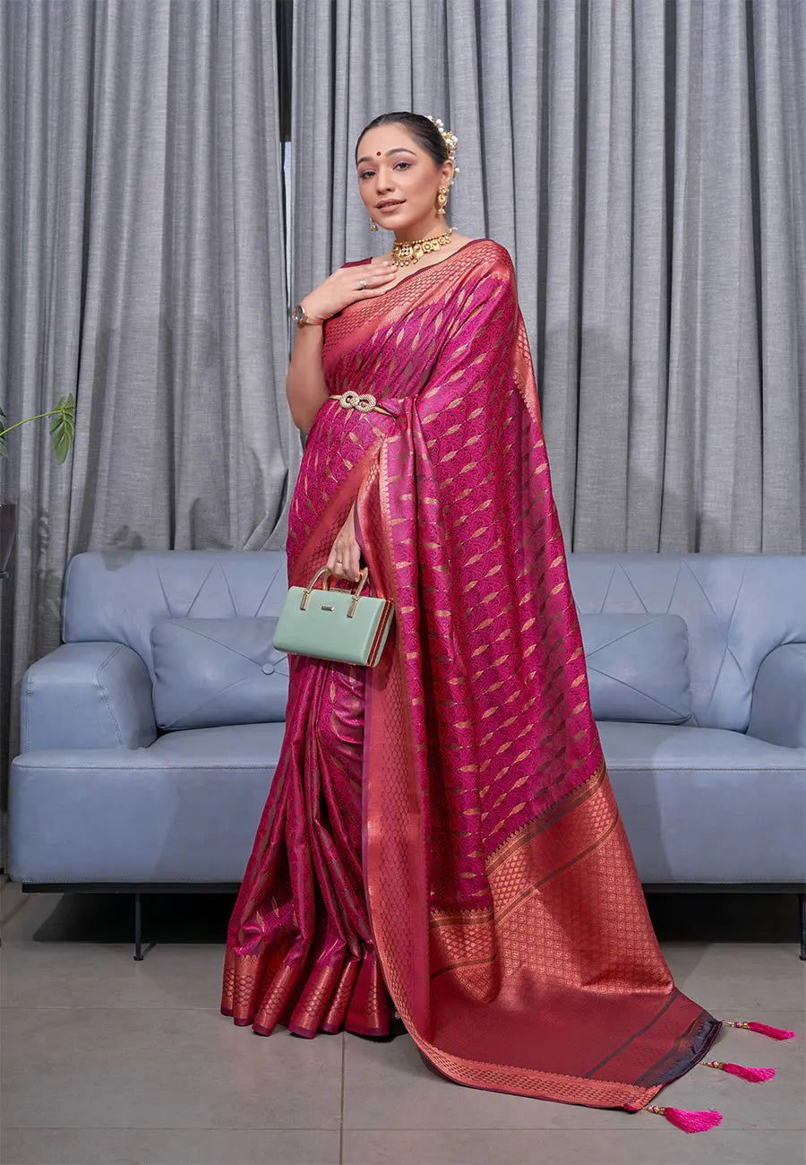 Burgundy Pink Saraswati Banarasi Silk Woven Saree - Colorful Saree