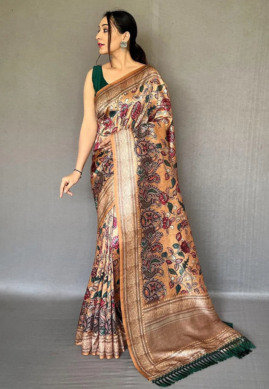 Camel Brown Saree in Soft Silk with Kalamkari Print - Colorful Saree