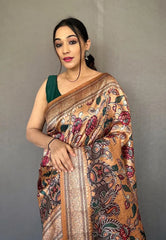 Camel Brown Saree in Soft Silk with Kalamkari Print - Colorful Saree