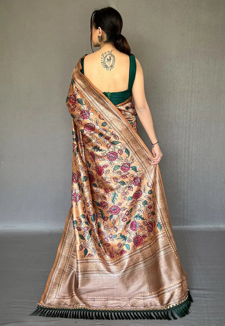 Camel Brown Saree in Soft Silk with Kalamkari Print - Colorful Saree