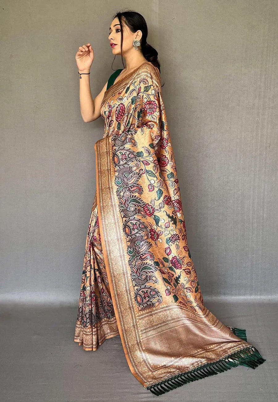 Camel Brown Saree in Soft Silk with Kalamkari Print - Colorful Saree