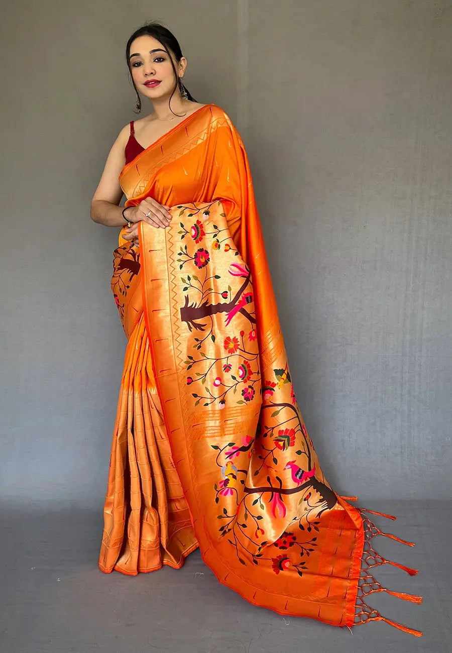 Carrot Orange  Saree in Paithani with Big Border Zari - Colorful Saree