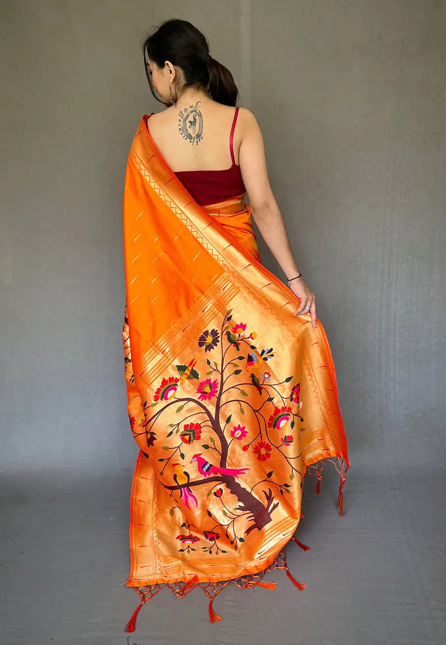 Carrot Orange  Saree in Paithani with Big Border Zari - Colorful Saree