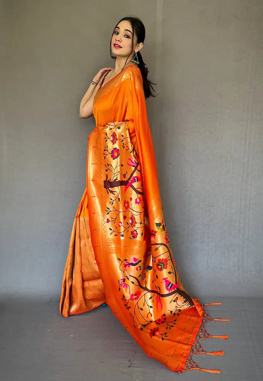 Carrot Orange  Saree in Paithani with Big Border Zari - Colorful Saree