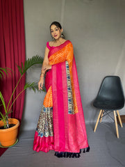 Carrot Orange saree in Gala Bandhej with Kalamkari Print - Colorful Saree