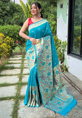 Cerulean Blue Saree in Paithani with Big Border - Colorful Saree