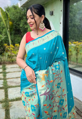 Cerulean Blue Saree in Paithani with Big Border - Colorful Saree