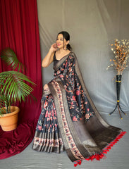Charcoal Black Saree in Banarasi Silk Contrast with Kalamkari Print - Colorful Saree