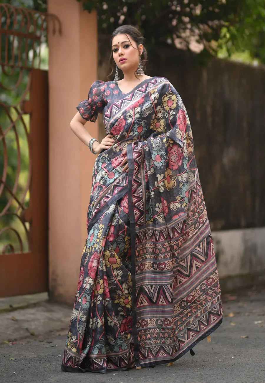 Charcoal Black Saree in Linen Cotton with Kalamkari Print - Colorful Saree