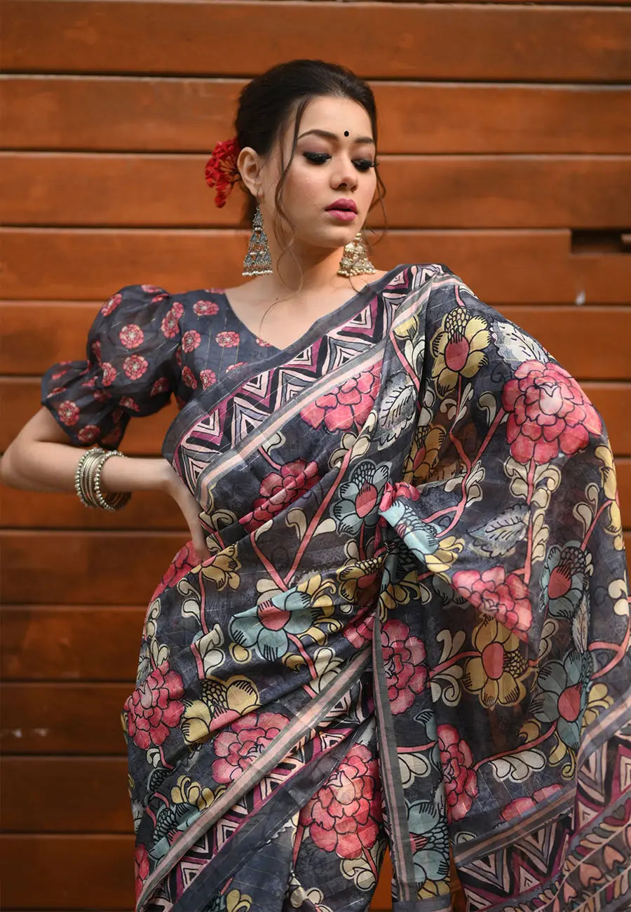 Charcoal Black Saree in Linen Cotton with Kalamkari Print - Colorful Saree