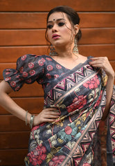 Charcoal Black Saree in Linen Cotton with Kalamkari Print - Colorful Saree