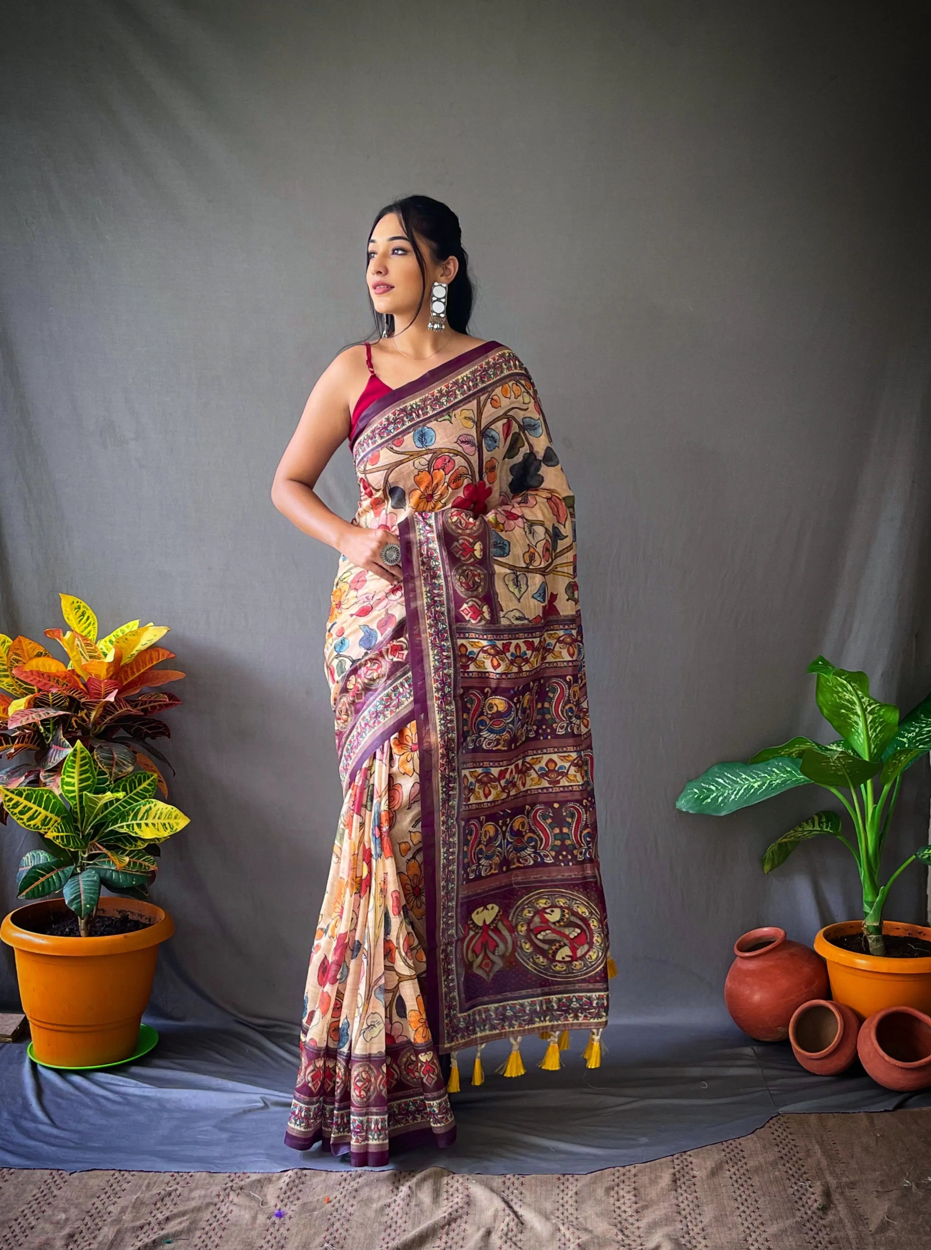 Chickoo color saree in Cotton Kalamkari Print - Colorful Saree