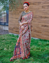 Chickoo color saree in Cotton with Kalamkari Print - Colorful Saree