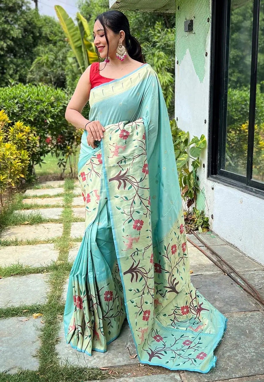 Cloudy Blue Saree in Paithani with Big Border - Colorful Saree