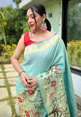 Cloudy Blue Saree in Paithani with Big Border - Colorful Saree