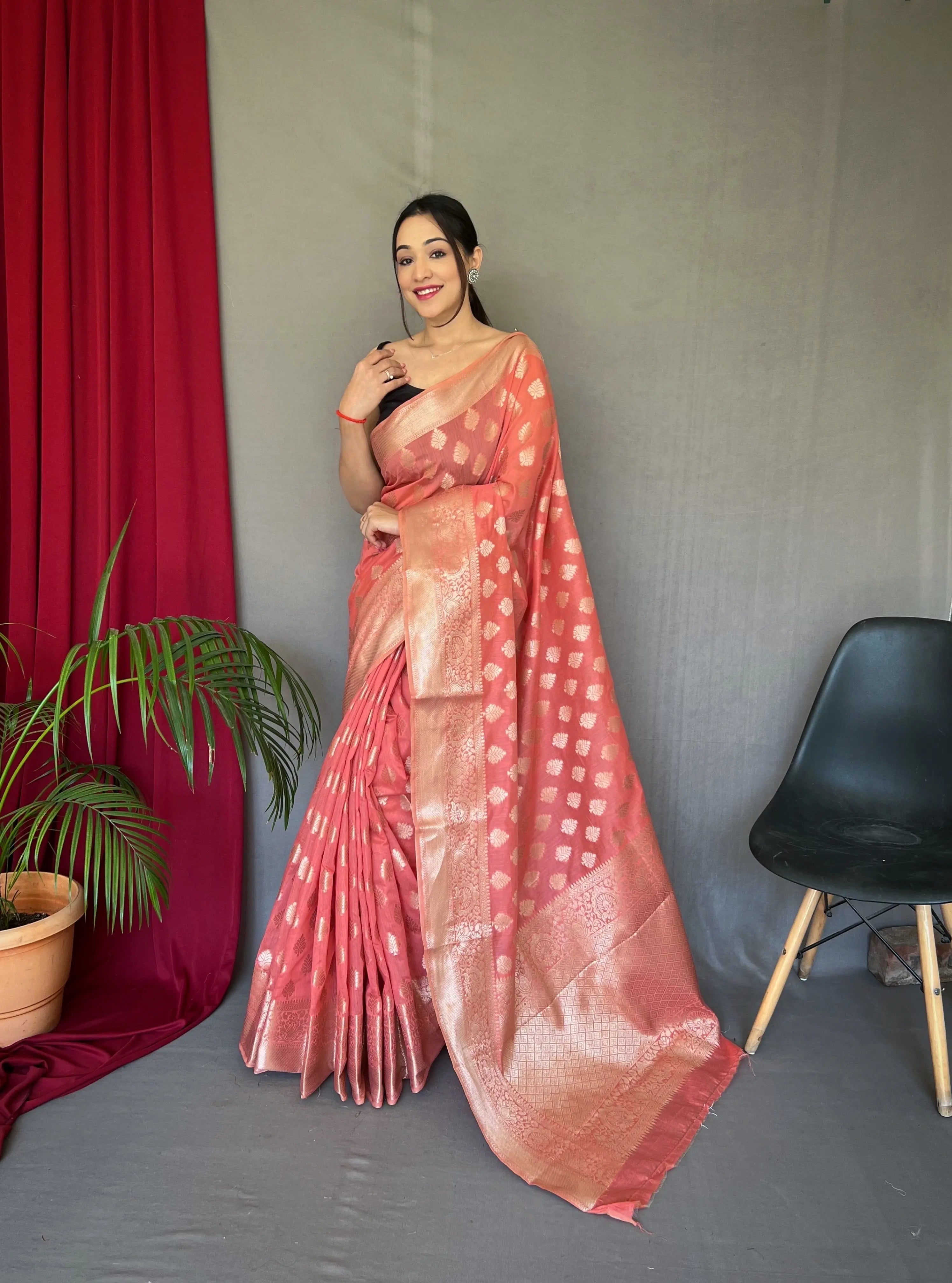 Coral Pink Saree in Cotton Muslin - Colorful Saree