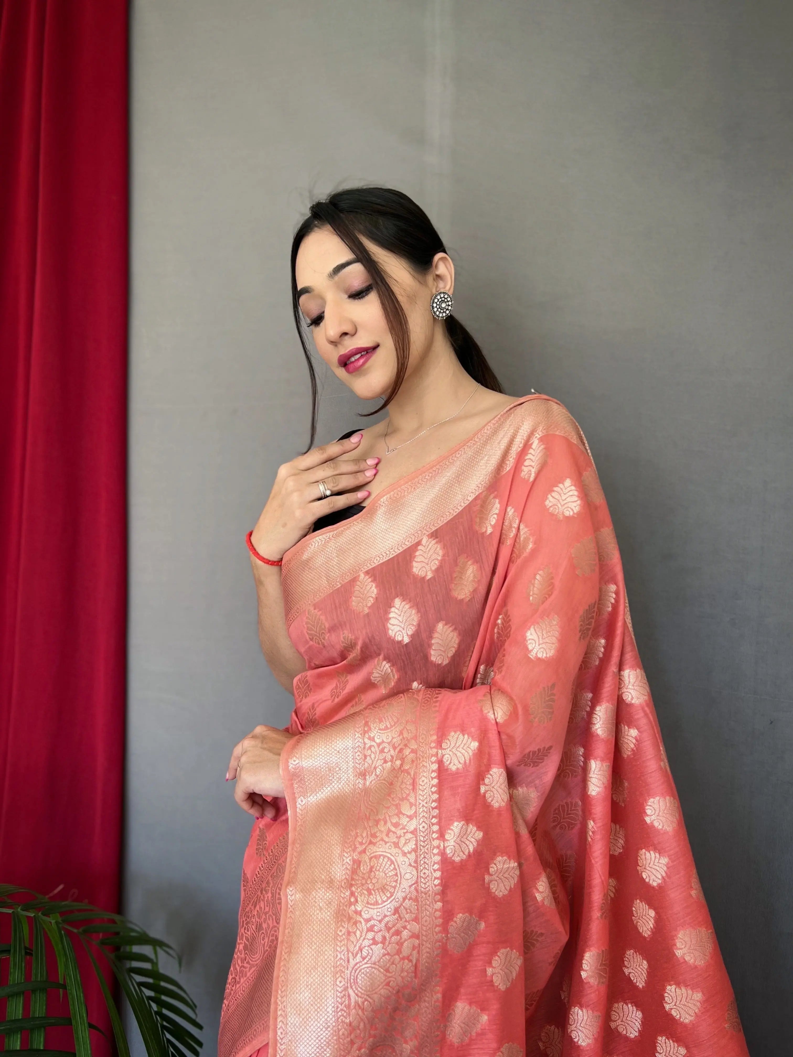 Coral Pink Saree in Cotton Muslin - Colorful Saree