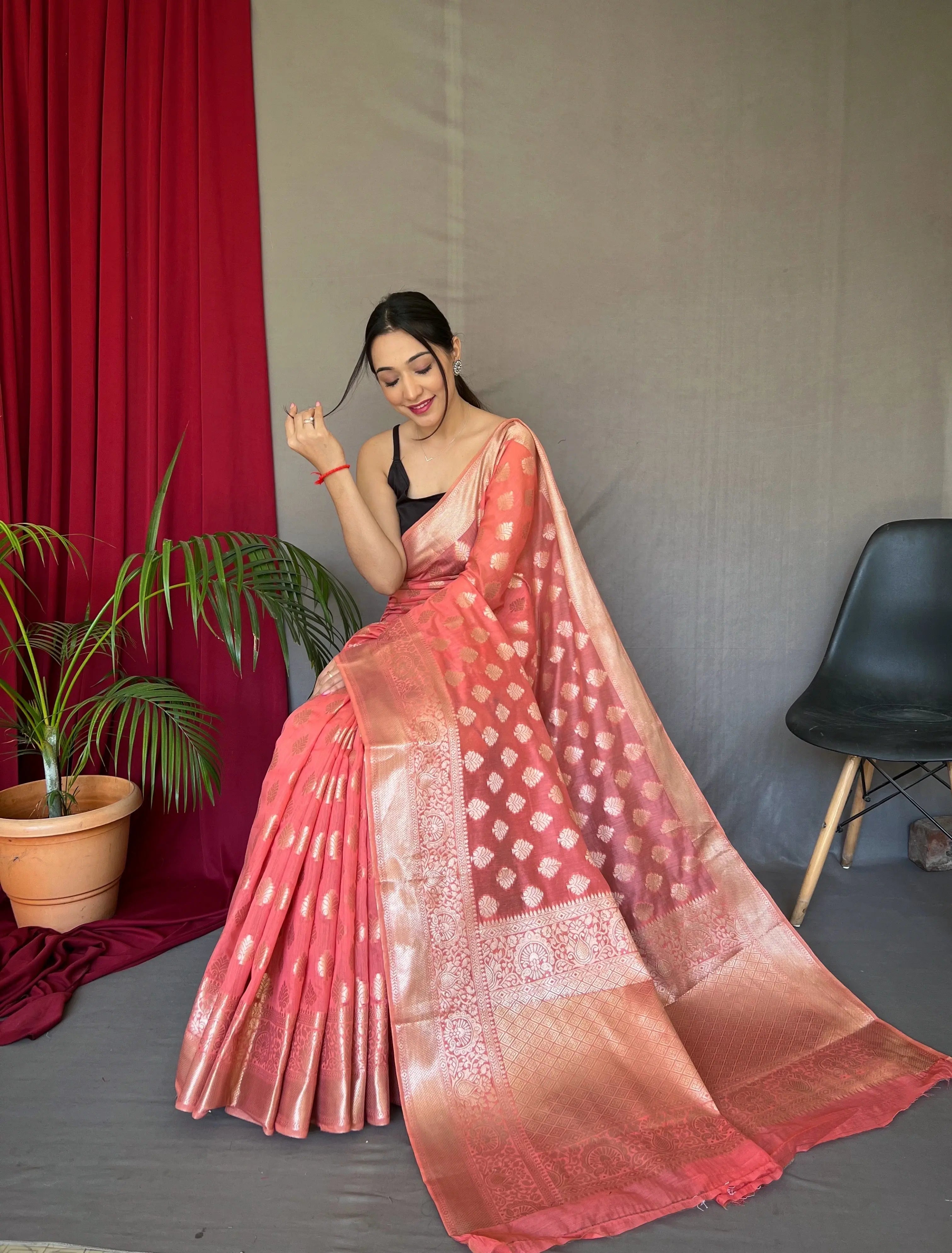 Coral Pink Saree in Cotton Muslin - Colorful Saree