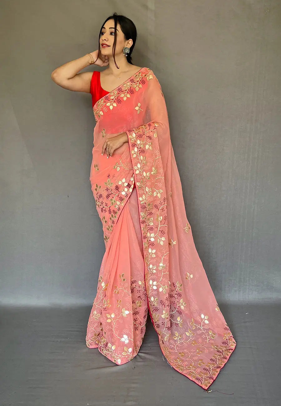 Coral Pink Saree in Organza Shimmer with Gota Patti Embroiderer - Colorful Saree