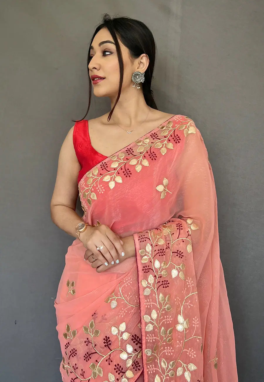 Coral Pink Saree in Organza Shimmer with Gota Patti Embroiderer - Colorful Saree