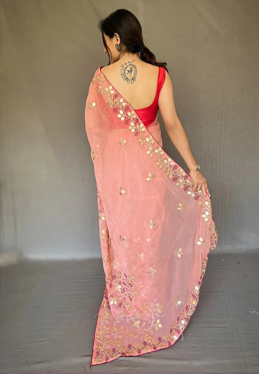 Coral Pink Saree in Organza Shimmer with Gota Patti Embroiderer - Colorful Saree