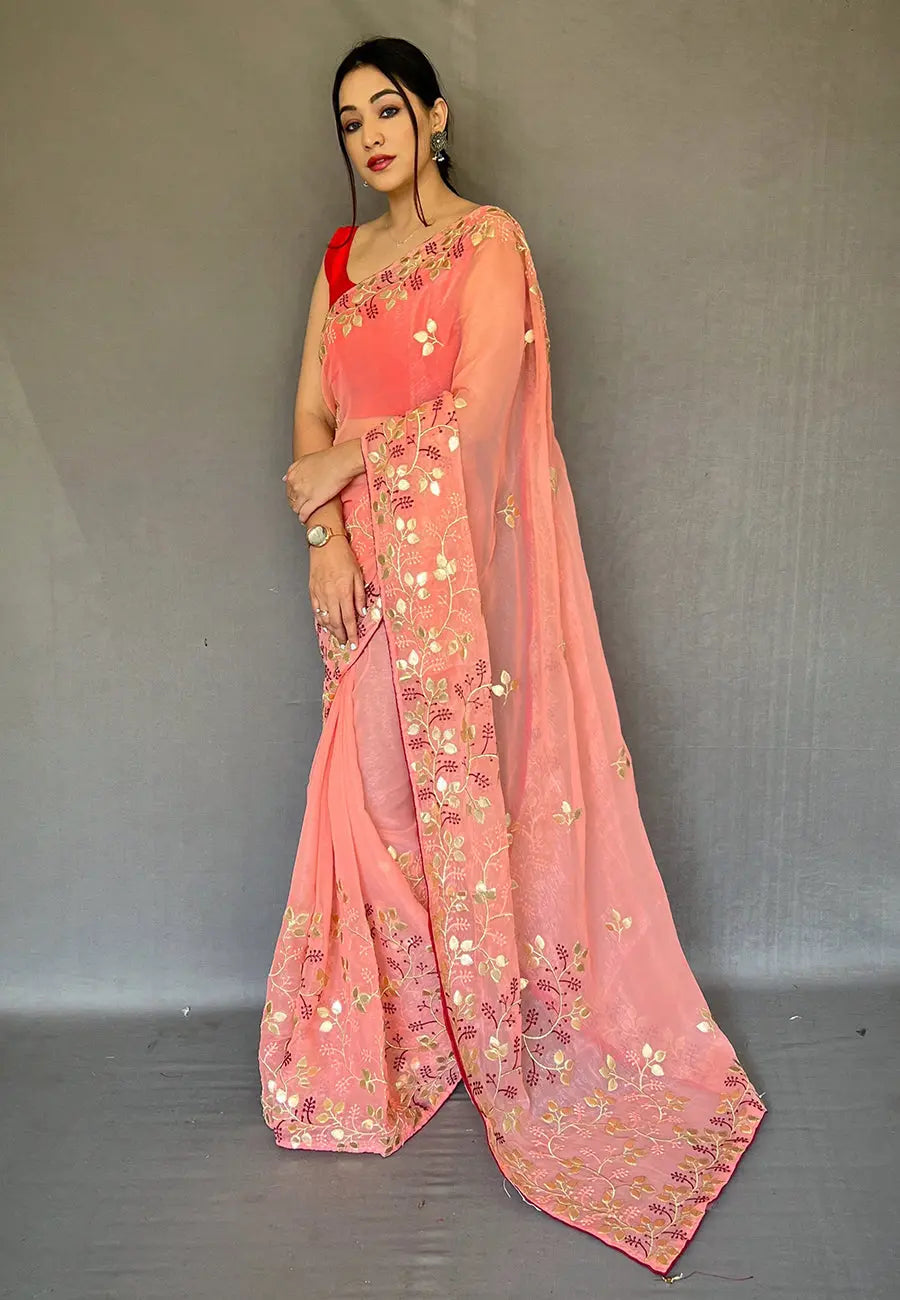 Coral Pink Saree in Organza Shimmer with Gota Patti Embroiderer - Colorful Saree