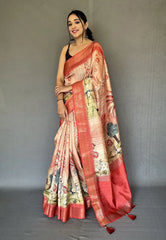 Coral Pink Saree in Silk Woven with Pichwai Tussar - Colorful Saree
