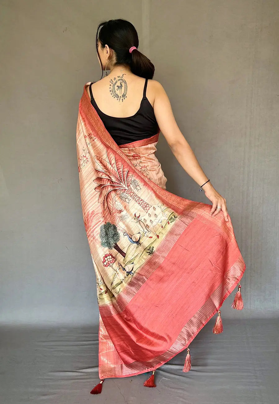 Coral Pink Saree in Silk Woven with Pichwai Tussar - Colorful Saree