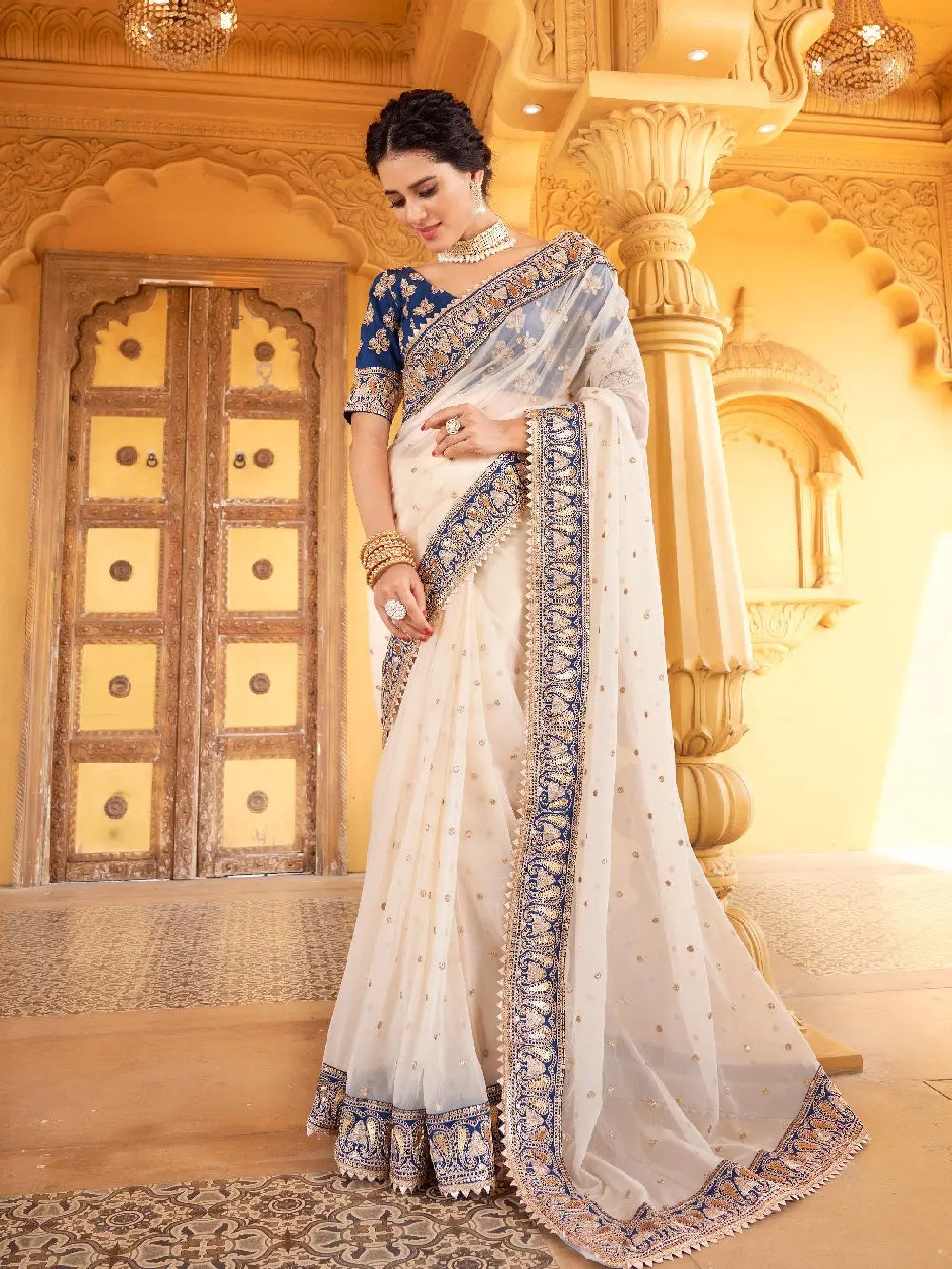 Cream Color Saree in Crushed Chinon - Colorful Saree