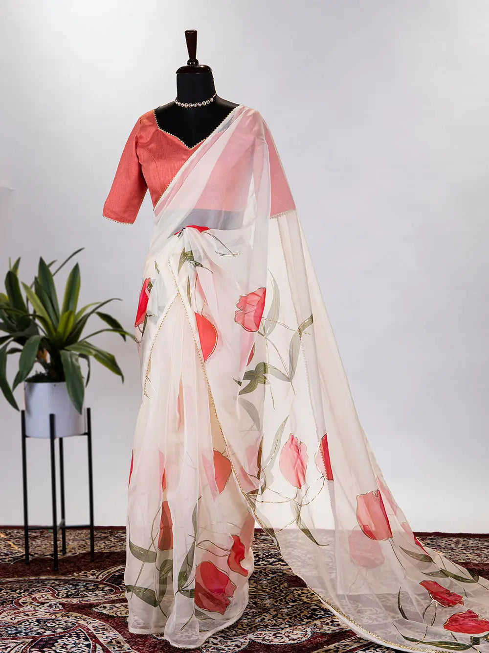 Cream Color Saree in Floral & Foil Print - Colorful Saree