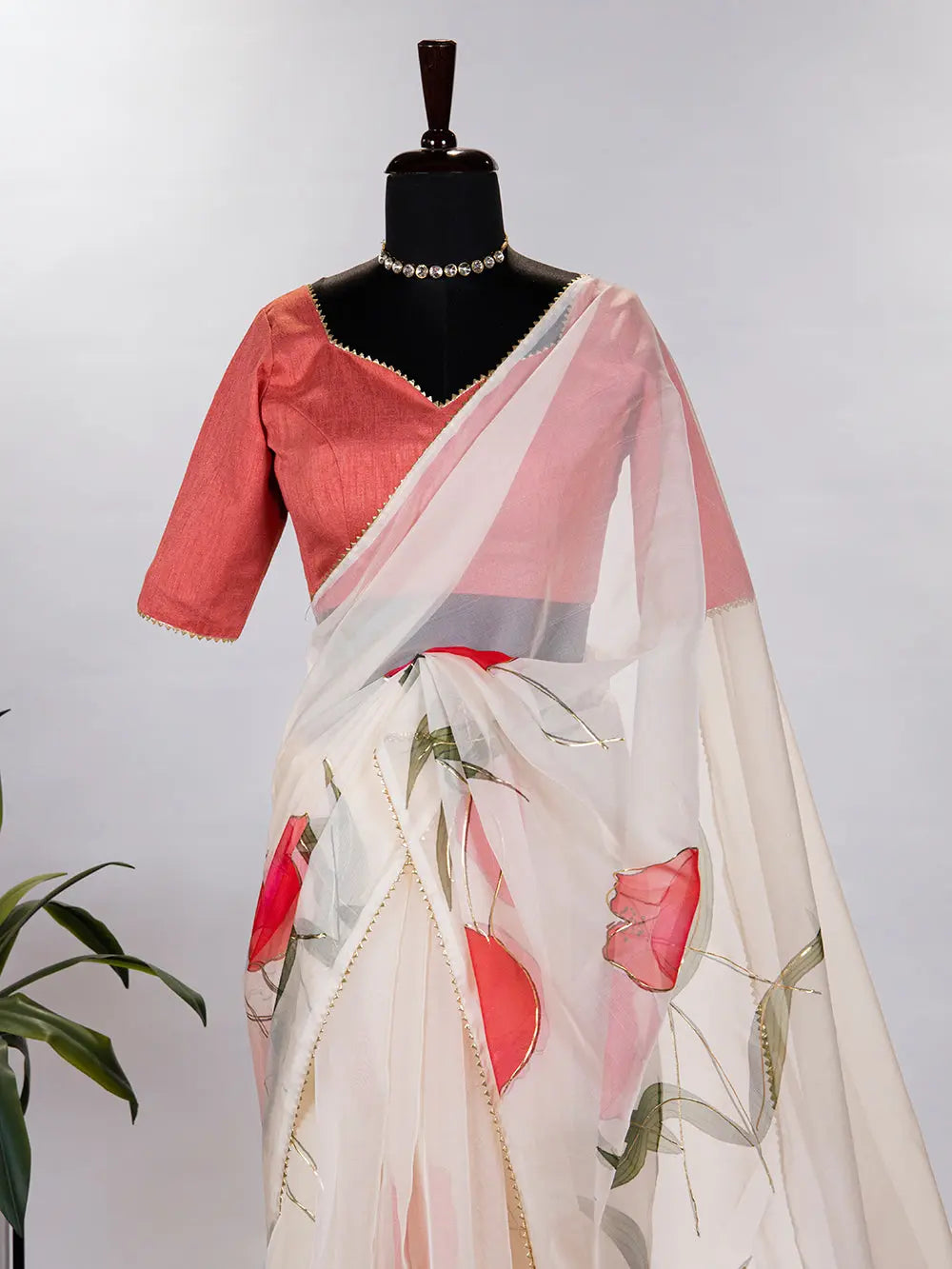 Cream Color Saree in Floral & Foil Print - Colorful Saree