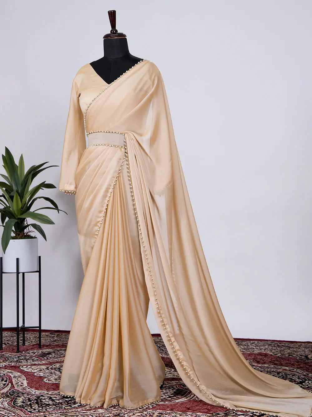 Cream Color Saree in Silk Material - Colorful Saree