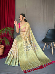 Cream Pista color saree in  Kora Muslin with Floral Print - Colorful Saree
