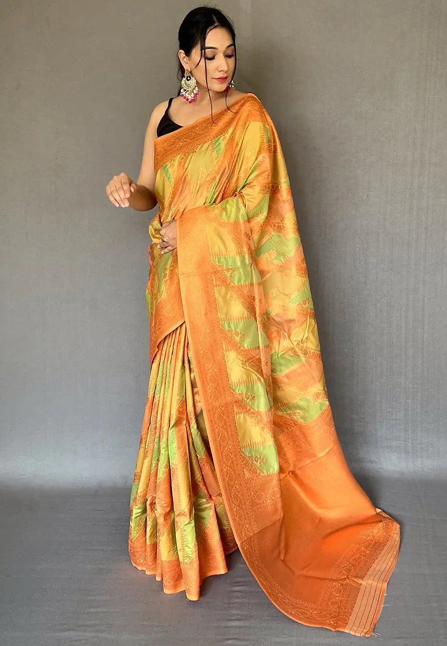 Cream Pista color saree in Organza Woven with Copper Zari - Colorful Saree