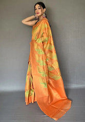 Cream Pista color saree in Organza Woven with Copper Zari - Colorful Saree