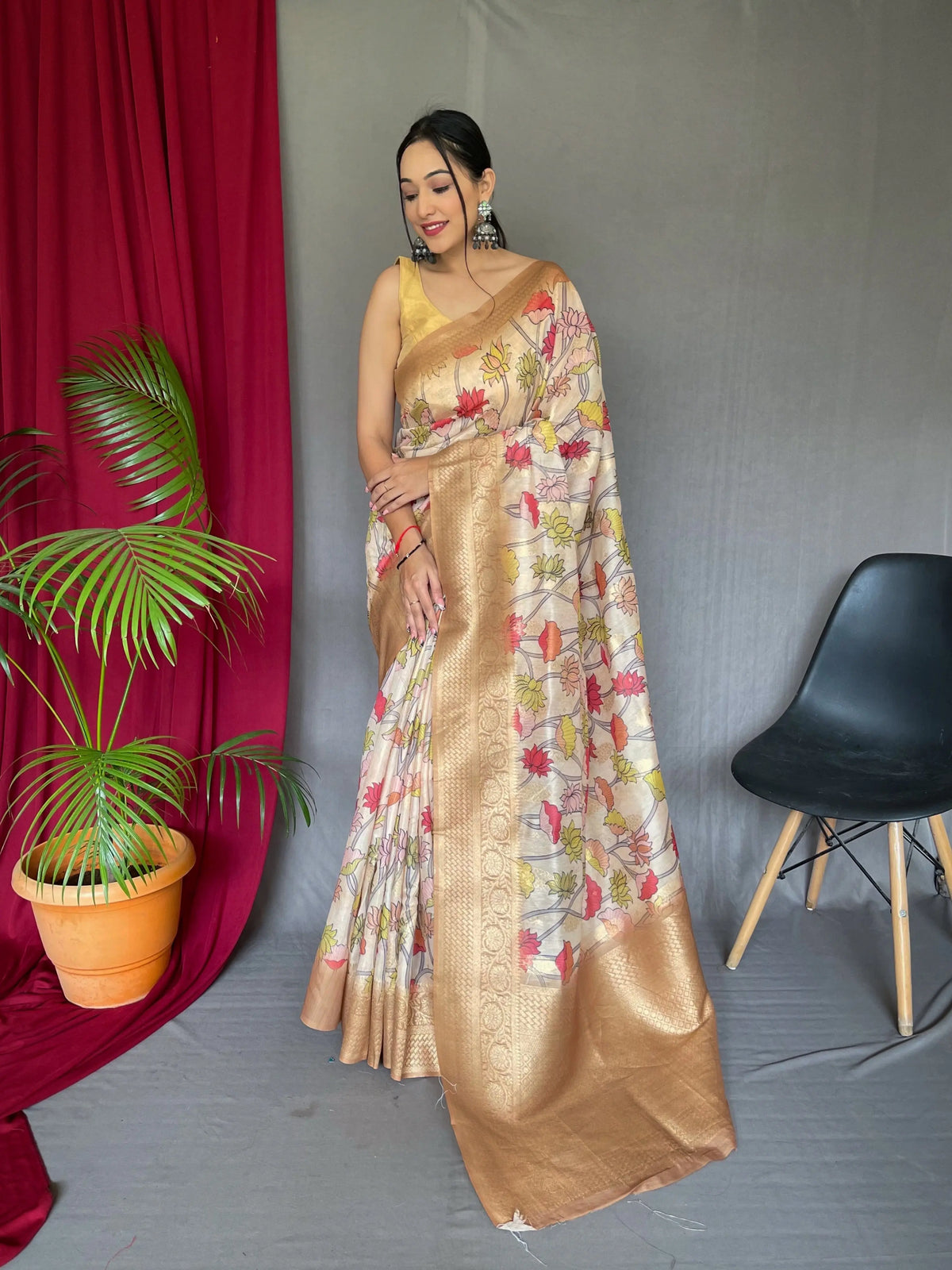 Cream Saree in Banarasi Silk Woven with Kalamkari Print - Colorful Saree