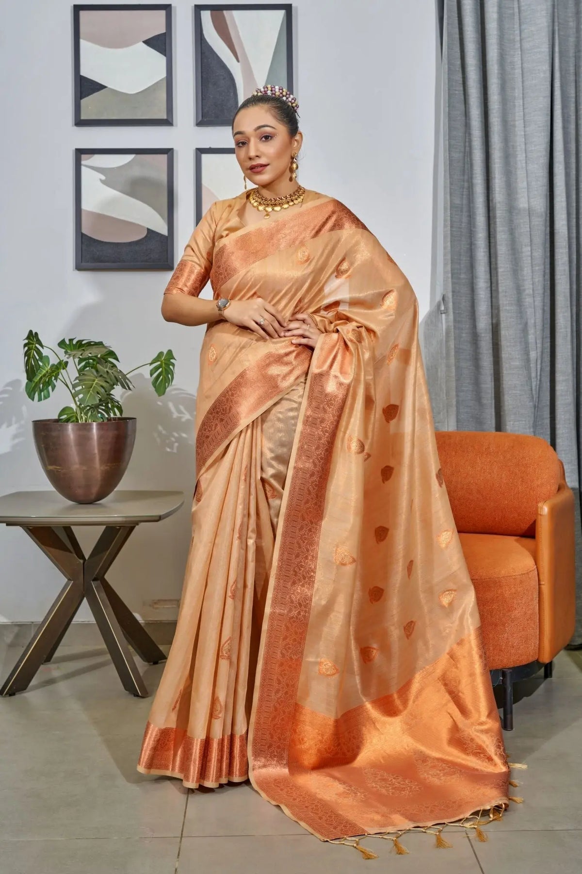 Cream color saree in silk Organza with Tissue - Colorful Saree