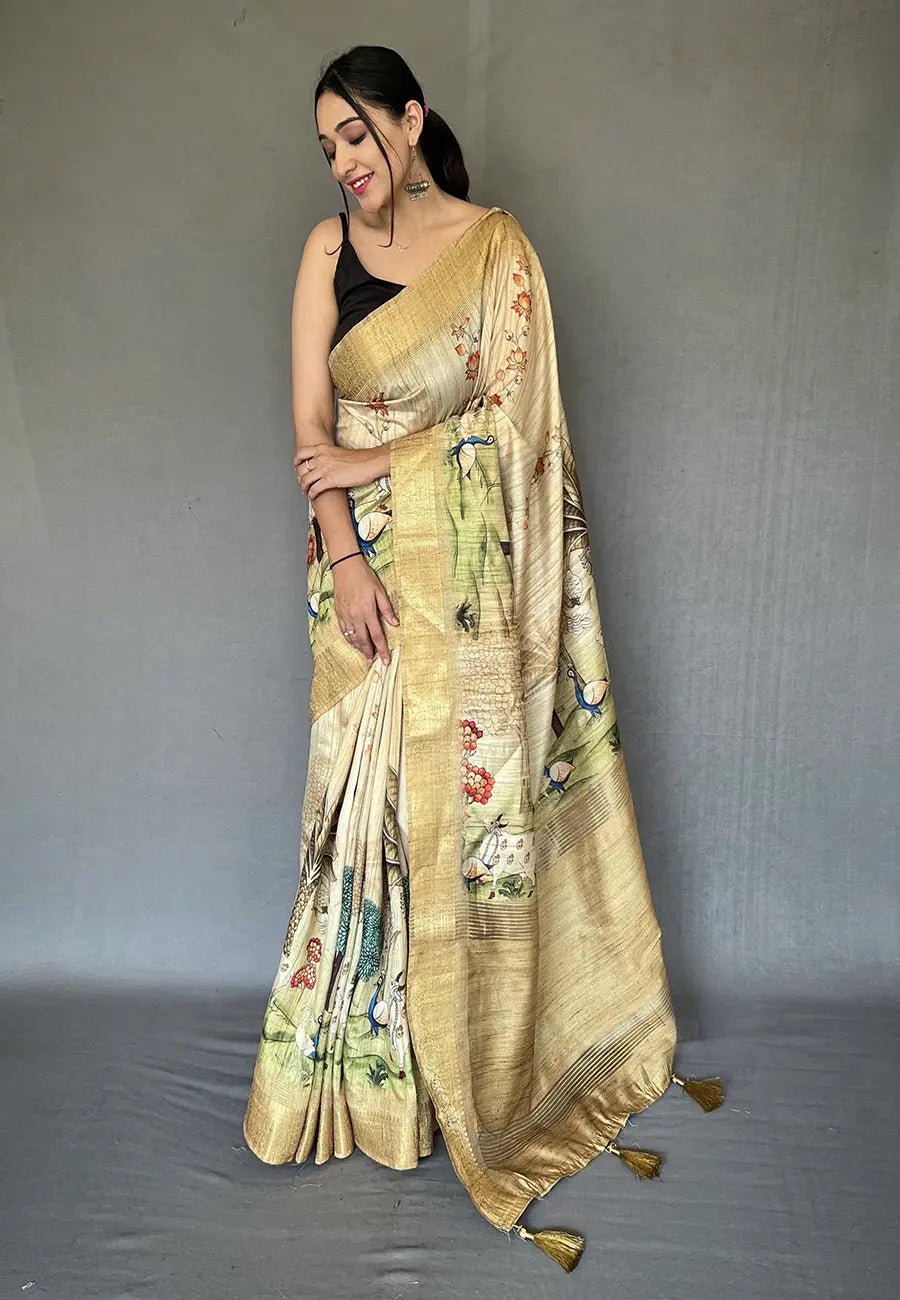 Cream color silk saree in Pichwai Tussar - Colorful Saree