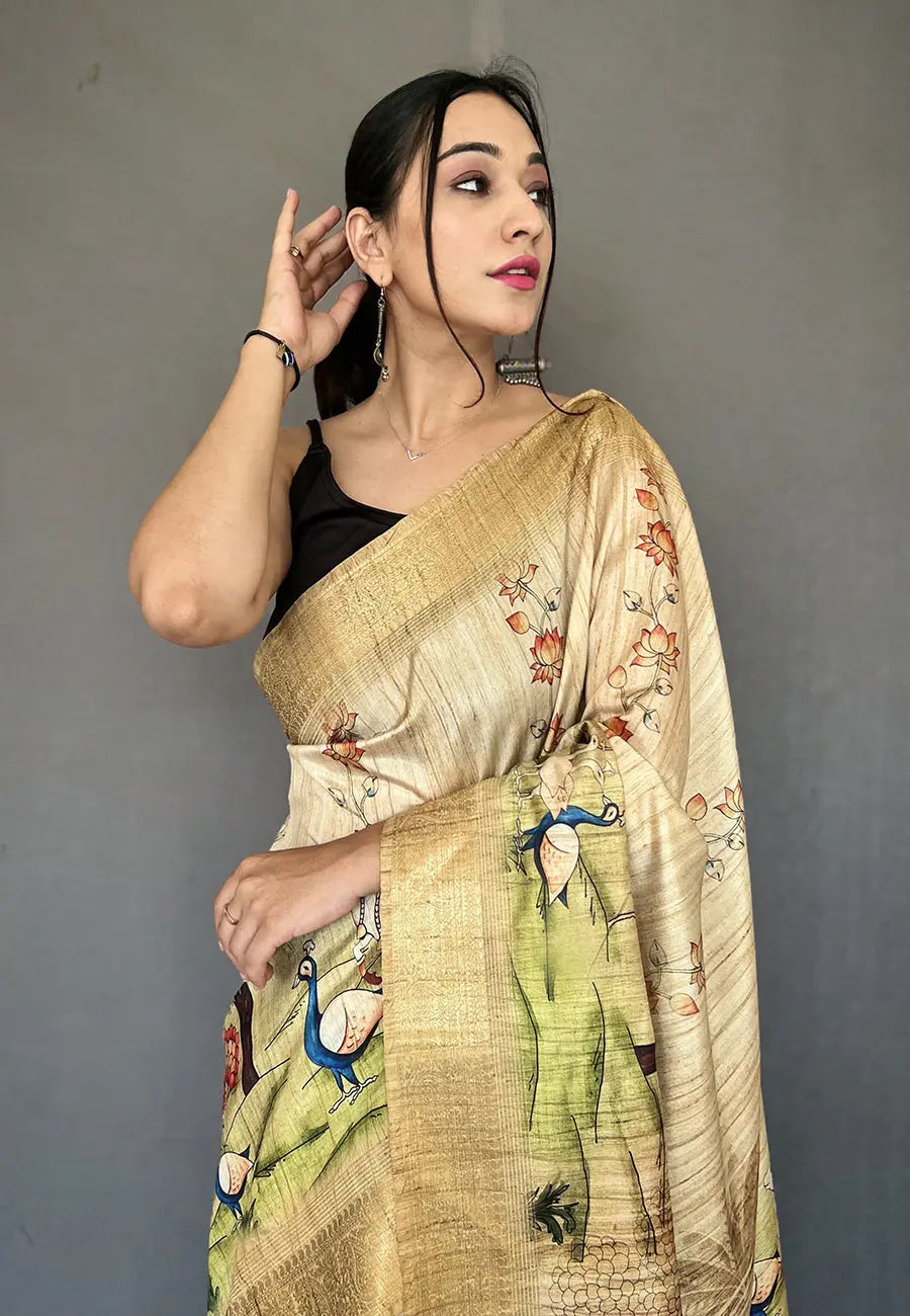 Cream color silk saree in Pichwai Tussar - Colorful Saree