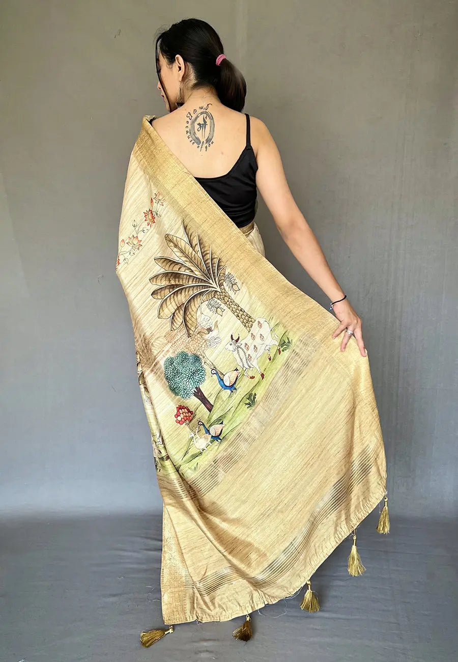 Cream color silk saree in Pichwai Tussar - Colorful Saree